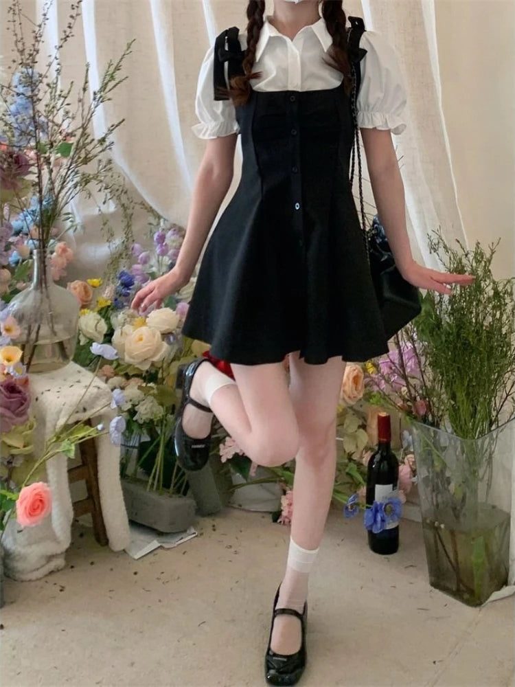Cyflymder  Kawaii Preppy Style Suit Black Slip Dress White Blouse Spring Sweet Korean Fashion Femle Outfit Women Elegant Two Pieces