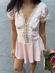 Cyflymder  French-style Elegant Bodycon Mini Dress With Lace Trim Buttoned Cardigan Fashion Evening Birthday Partywear Sweet Outfit