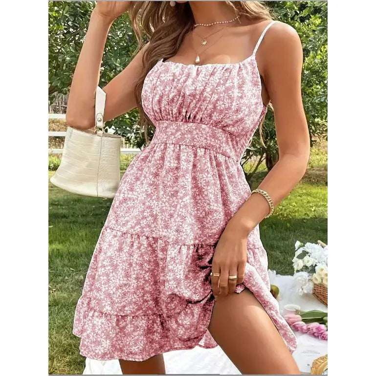 Cyflymder  French Floral Dress for Women's Summer Elegant Ruffle Hem A-line Strap Dress Fashion Female Clothes