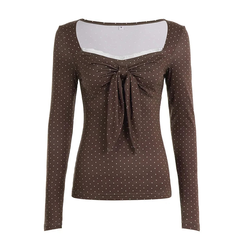 Cyflymder  90s Aesthetic Polka Dot Blouse Women Brown Lace Trim Square Neck Tie Front Ruched Long Sleeve Casual Top T Shirt Fashion Outfit