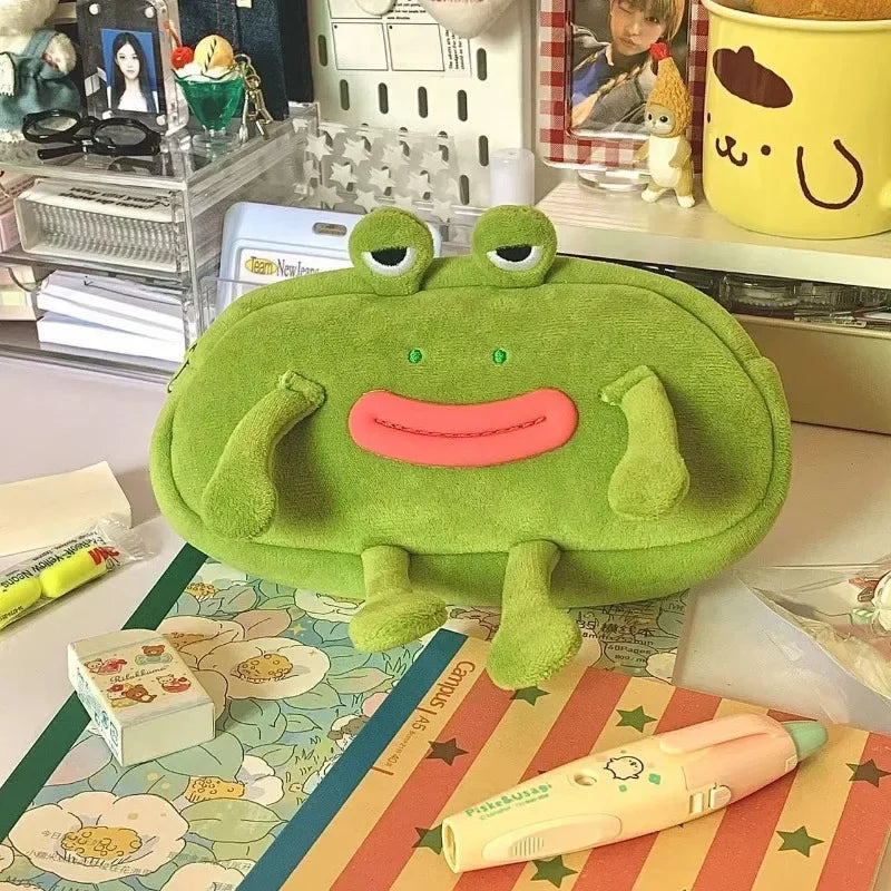 Cyflymder  1 Piece Funny Frog Pencil Case for Kids Creative Design Cute Cartoon Frog Stationery Storage Bag Large Capacity Kawaii Pen Case