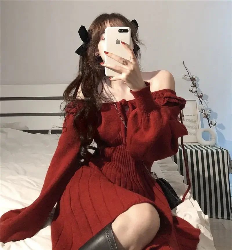 Cyflymder Sweet Knitted Dress Women Autumn Winter Elegant Dress Female Red French Style Party Dress Clothes Lady