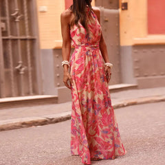 Cyflymder   Vintage Hollowed Out Loose Holiday Dresses Bohemian Style Sleeveless Lace Up Long Dress Casual Floral Print Pleated Beach Dress