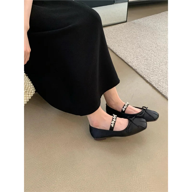 Cyflymder  Summer Shoes Ladies Female Footwear Crystal Casual Sneaker Bow-Knot Shallow Mouth Ballerinas Woman 2025 Square Toe Dress Rhinest
