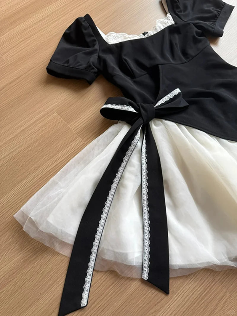 Cyflymder  Mesh Patchwork Sweet Dress Women Retro Cute Bow Slim Short Sleeve Mini Dress Casual Square Collar French Elegant Vestidos