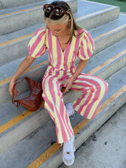 Cyflymder  Striped V Neck Puff Sleeve Two Piece Set Button Front Top High Waist Flared Pants Summer Vacation Lady Vibrant Outfit