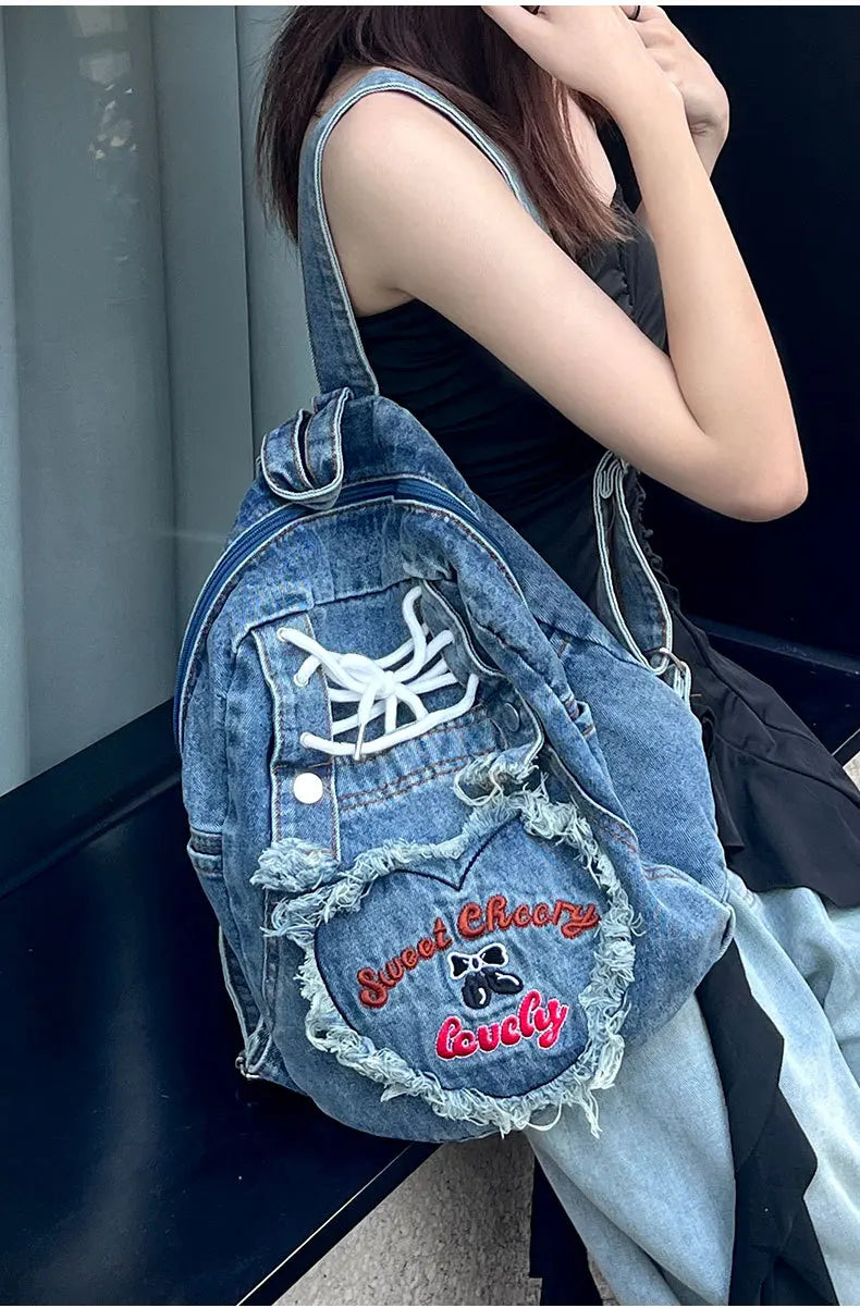 Cyflymder  Cute Pink Denim Women Backpacks Large capacity shoulder Bags Girls School Bags Embroidered letters daypacks Travel Jean Bagpack