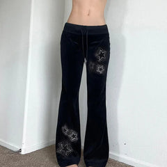 Cyflymder  Euramerican Spice Woemn Star Hot Diamond Print Casual Pants Y2k Spliced Low Waist Drawstring Trousers Harajuku Velvet Flare Pant