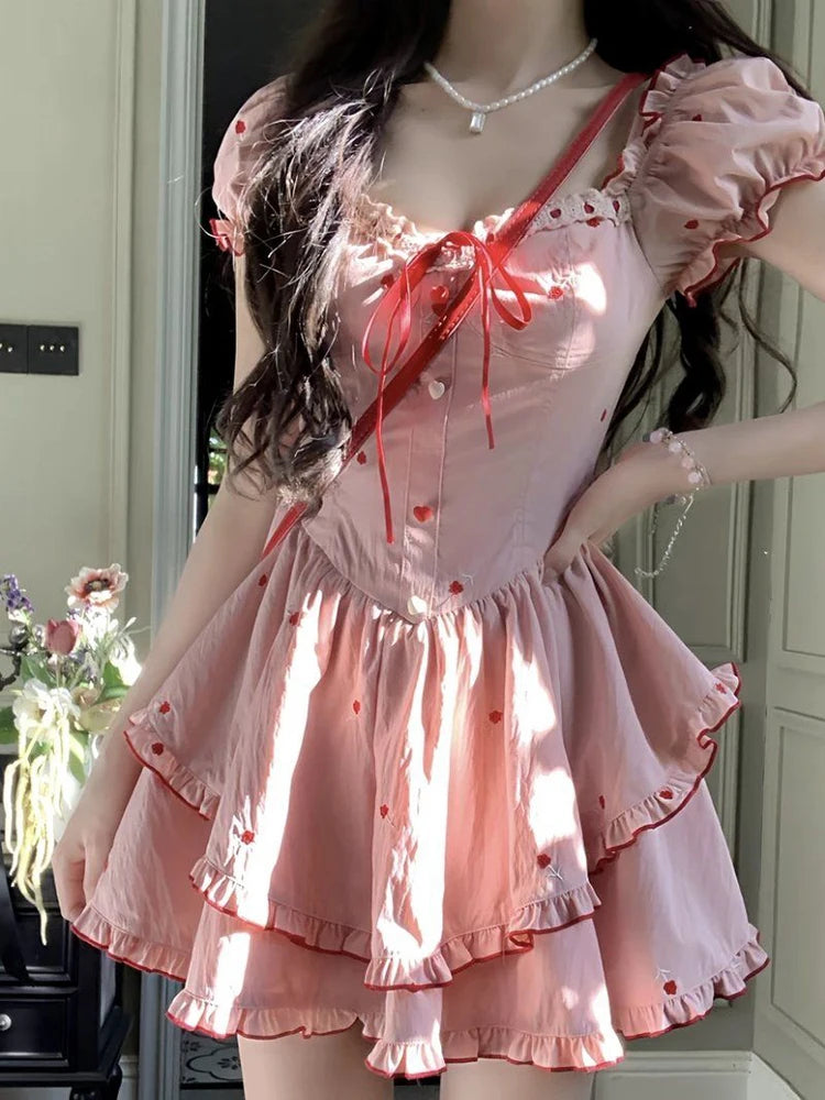 Cyflymder  Casual Print Sexy Dress Women Slim Fashion Square Collar Sweet Mini Dress Fashion Lace Up Puffy Sleeve Korean Vestidos New