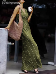 Cyflymder  Vintage Polka Dot Satin V-neck Sleeveless Dress Lace Up Waist Cinching Slimming Women's Long Dresses Elegant Party Summer Robe