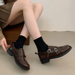 Cyflymder  British Women's Spring New Versatile Chunky Heel Brogue Flats Low Heel Loafers
