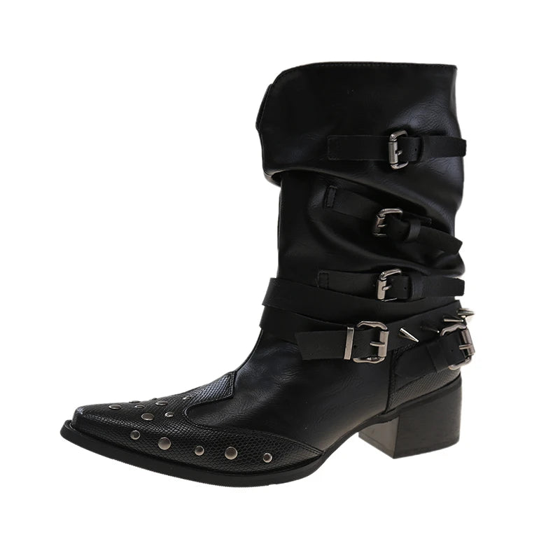 Cyflymder  Vintage Rivet Hottie Woman Knight Boots Shoes 2025 Autumn Ladies Elegant Pointed Toe Thick Heel Western Cowboy Botas