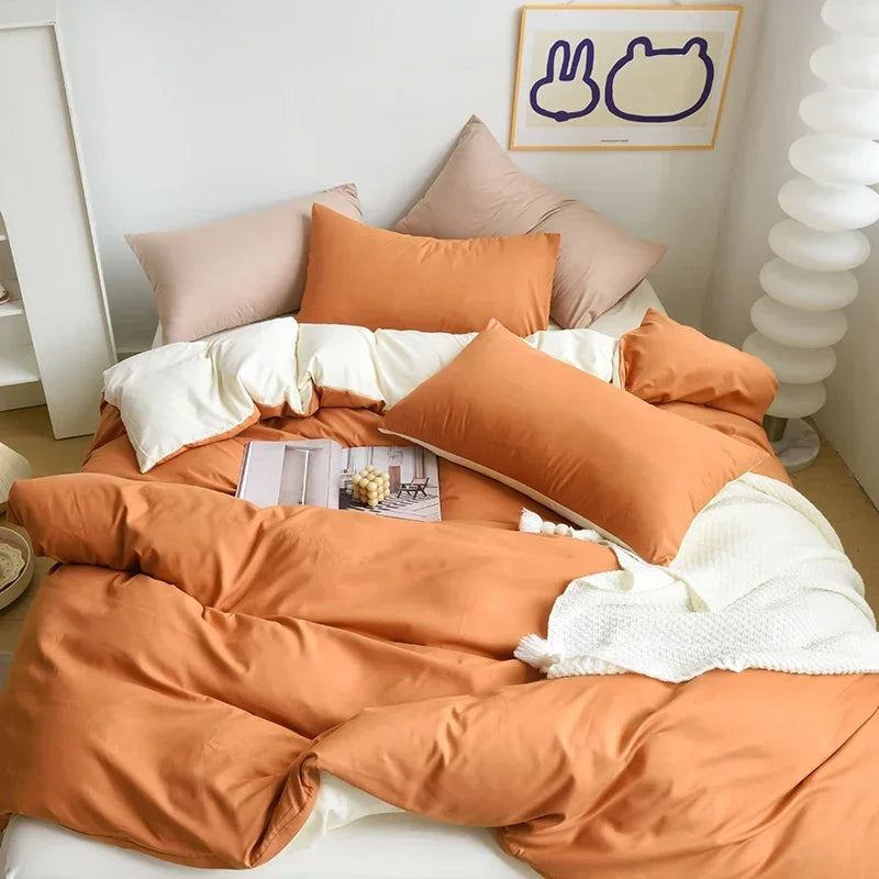 Cyflymder  2-side Solid Color Brush Fabric Bed Set 4 Pieces Duvet Cover Pillowcase Bedding Set Bed Sheet Quilt Cover Single Queen King Size