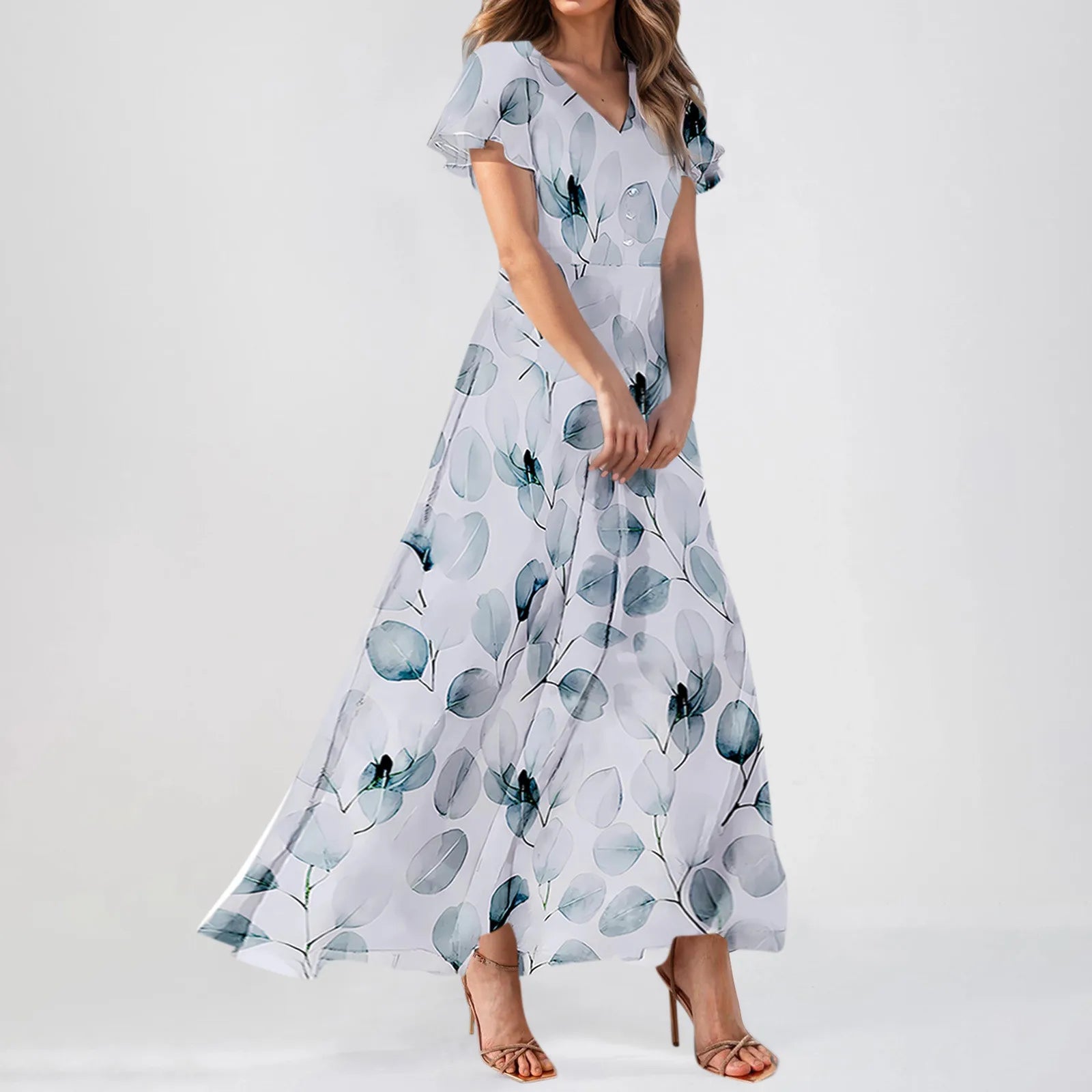 Cyflymder  Summer Beach Style Women'sFloral Dresses Casual Short Sleeve Maxi Long Shirts Floral Maxi Dresses Wedding Guest Flowing Dresses