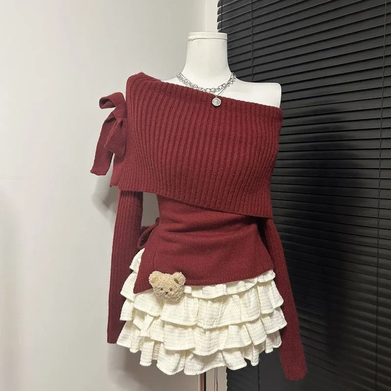 Cyflymder Pure Sexy Women Skirt Set Winter Korean Fashion Slash Neck Off-the-Shoulder Bow Sweater A-line Cake Skirts Two-Piece Sets