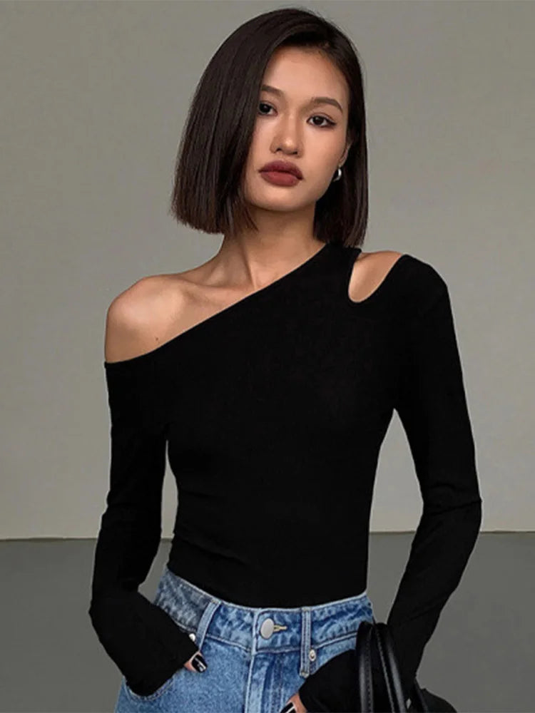 Fashion Skew Collar Off-shoulder Long-sleeved T-shirts Women Spring New Solid Slim Fit Crop Top Sexy Hollow Out Tees Shirts Cyflymder