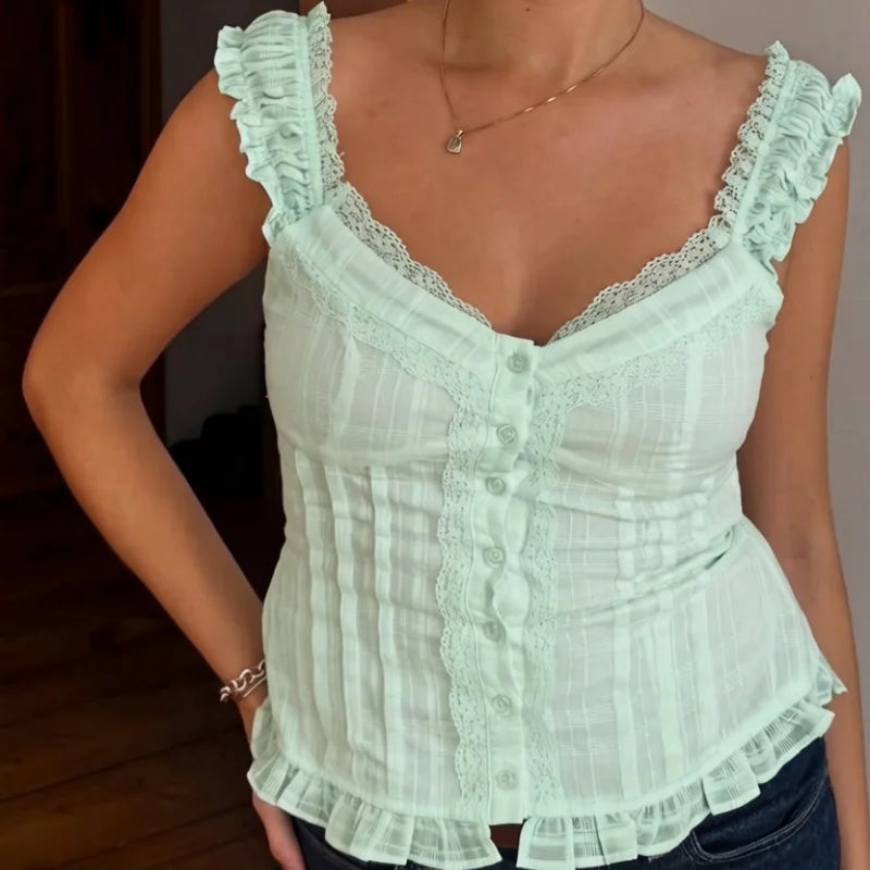 Cyflymder  Women's Lace Trim Sleeveless Camisole Tops Backless Button Closure Slim Fit Summer Party Club Vest Going Out Tops