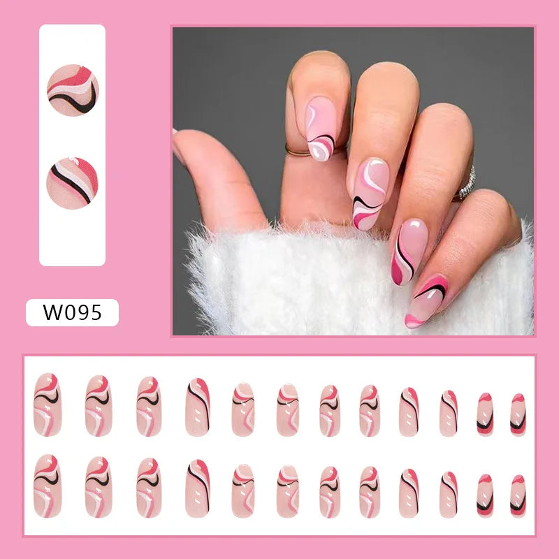 Cyflymder 24Pcs/Set Fake Nails With Glue Full Cover Nail Tips Press On Med Nails DIY Manicure Oval Head False Nails Pink Almond Artificial