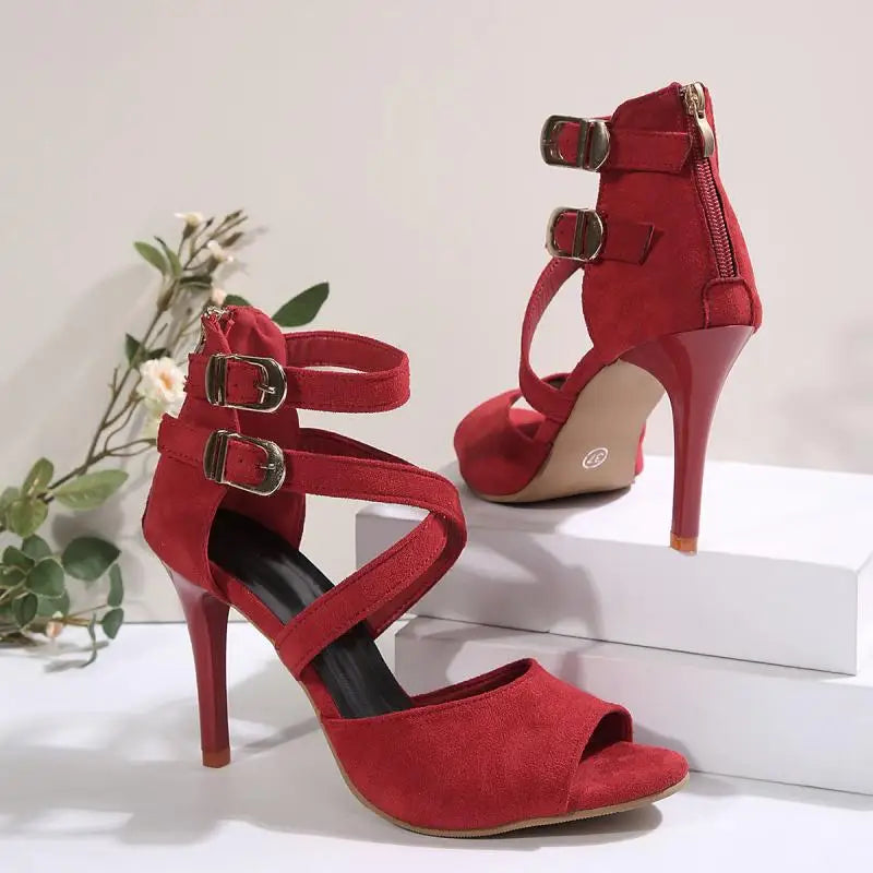 Cyflymder  Sexy Red Suede Cross Strap Peep Toe Sandals Women Summer Super High Heels Sandals Gold Ankle Strap Party Dress Jazz Shoes