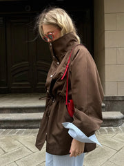 Cyflymder   Women Solid Waist-tied Belted Trench Coat Casual Style Long Sleeved Lapel Button Loose Jacket Autumn Street Commuting Coats