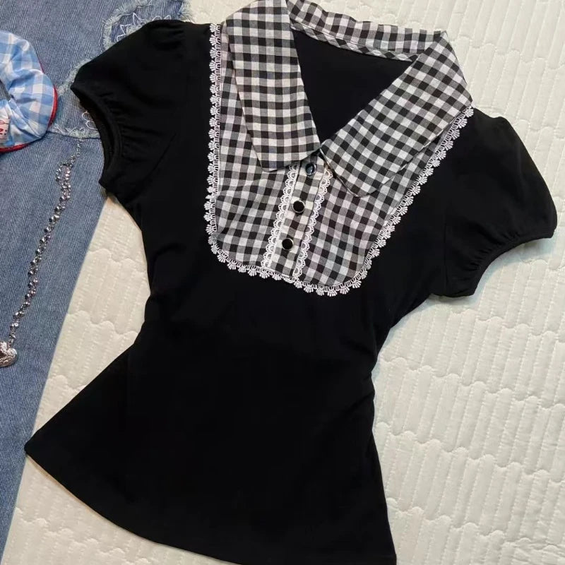 Cyflymder  Gothic Y2k Lolita Style T-Shirts Women Japanese Vintage Lace Black White Plaid Patchwork Tees Summer Sweet Cute Short Sleeve Top