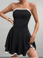 Cyflymder  Women's Strapless Backless Contrast Color Mini Dress Off Shoulder A-line Summer Fashion Streetwear Party Short Dresses