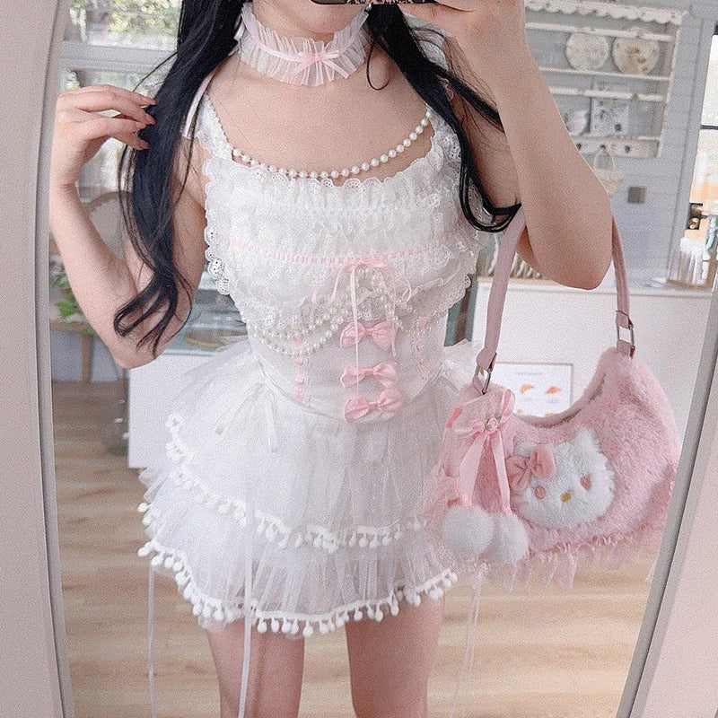 Cyflymder  Cute Crop Tops for Sweet Girls Summer Lace Trim Bows Bead String Decoration Slim Cropped Lolita Style Tank Top Kawaii Clothes