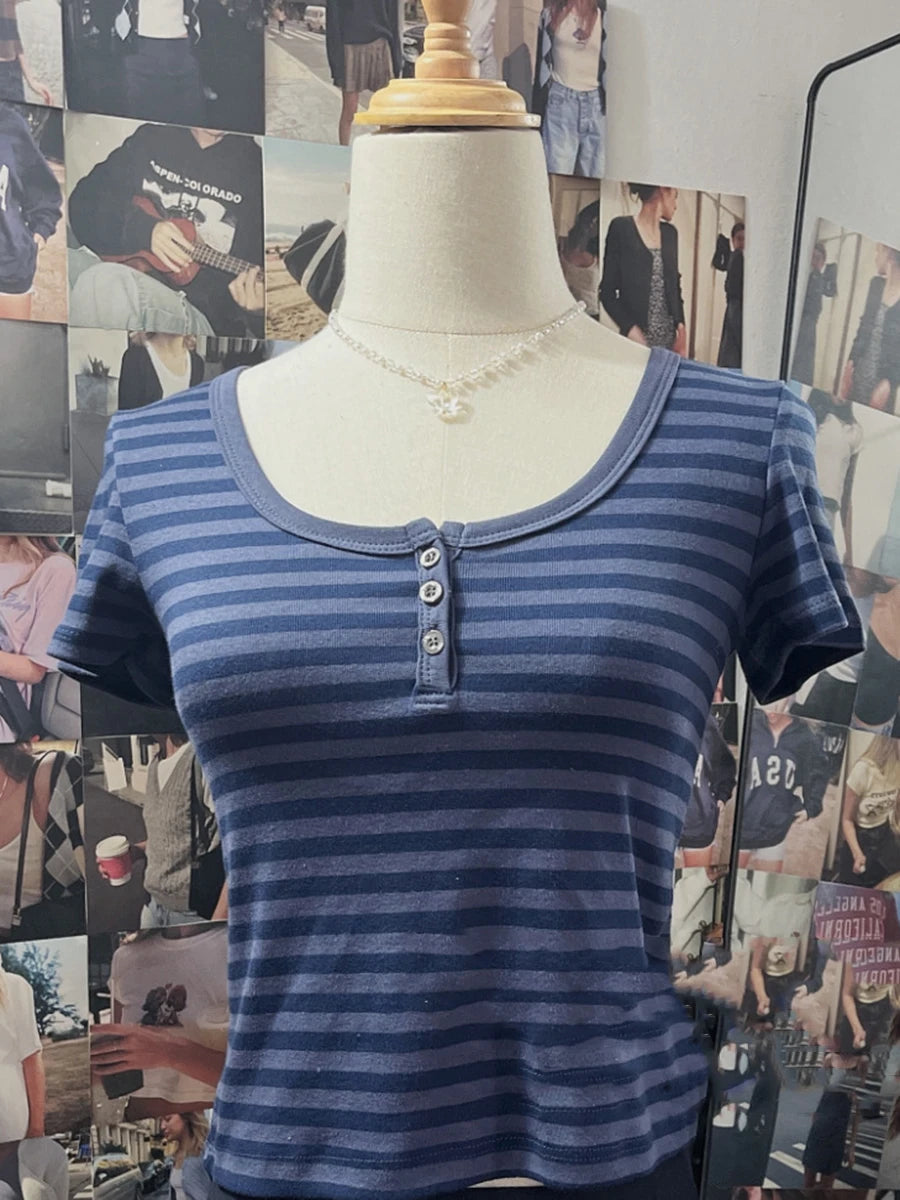 Cyflymder  Striped Cotton T-shirt Shorts Outfit Women Navy O-neck Slim Tees +Buttons Straight Sweatshirt Sweet Cute Home 2 Pieces Set Y2K
