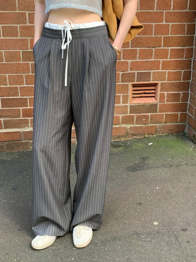 Cyflymder  Korean chic spring retro niche splicing high waist lace up versatile slim striped casual pants wide leg pants long 2025 New