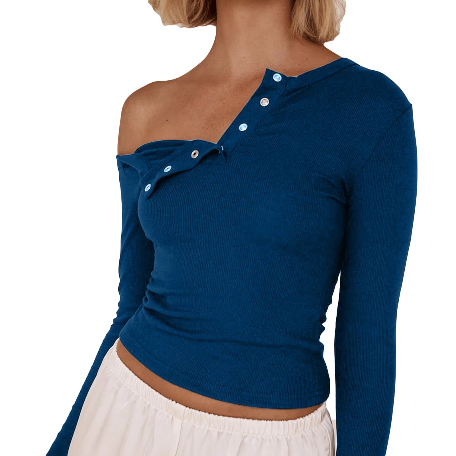 Cyflymder  Solid Color Long Sleeve Basic T-Shirts Women Buttons Oblique Shoulder Casual Shirts Fall Slim Fit Crop Tops Streetwear