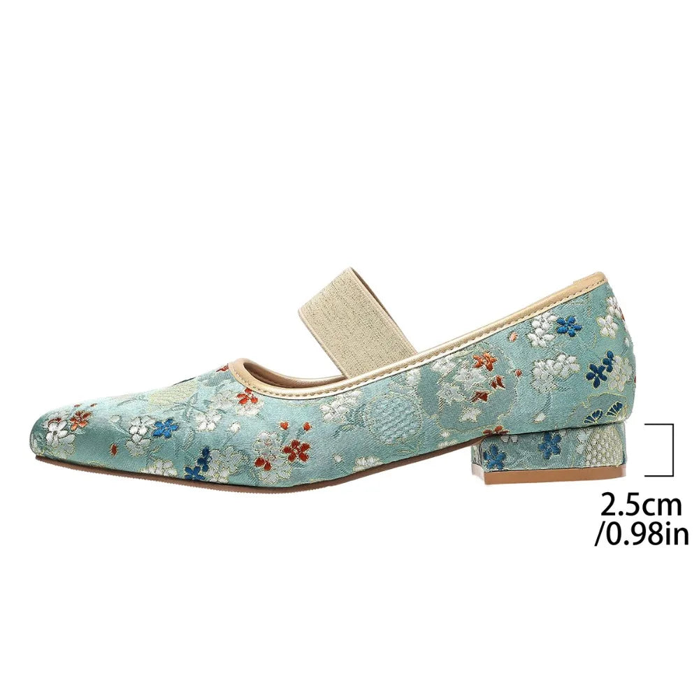 Cyflymder  Women's Low Heels Shoes Woman Elastic Band Point Toes PUmps Shallow Cloth Fabric Embroidery Women Ladies Square Heel Shoe