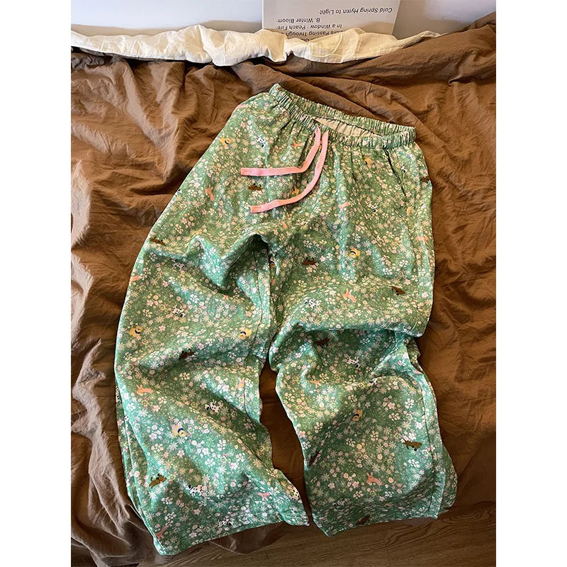 Cyflymder  Puppy Floral Pajama Pants Women's Summer Green Loose Casual Straight Comfortable Skin-friendly Home Trousers