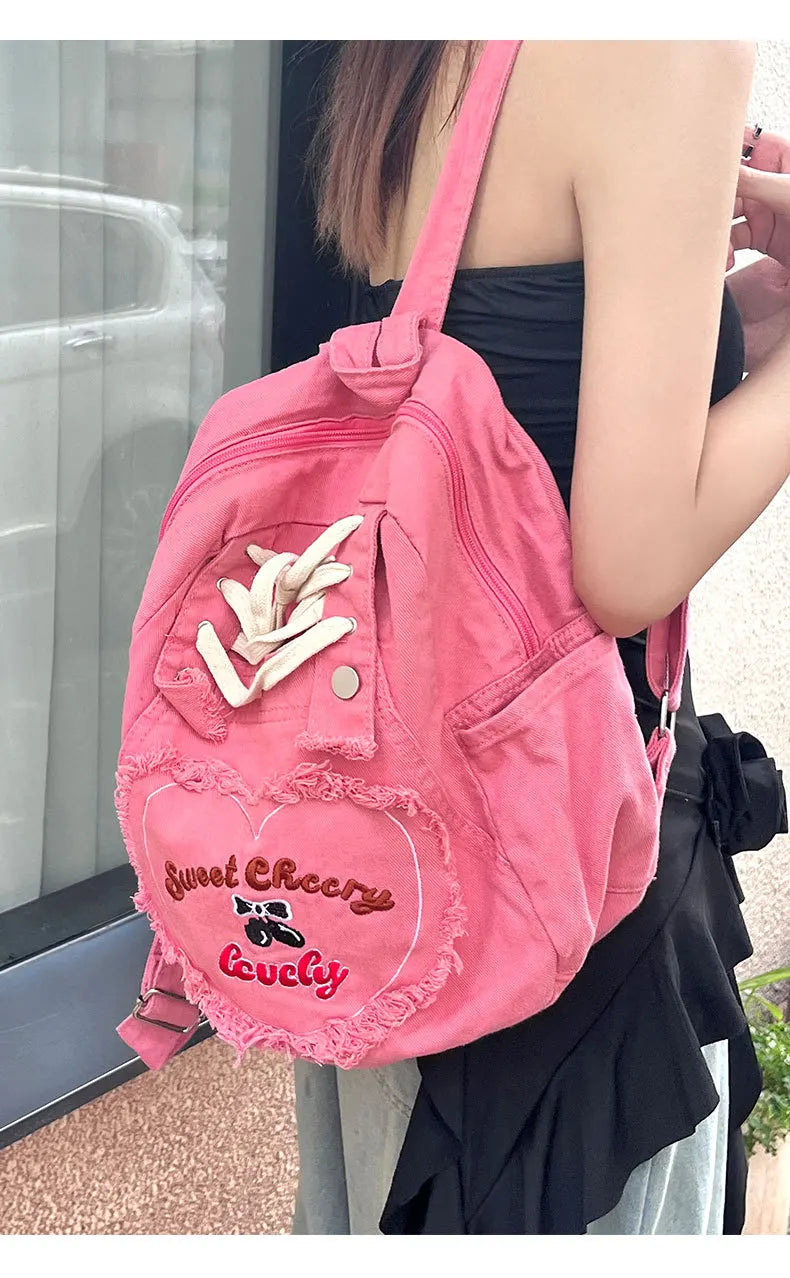 Cyflymder  Cute Pink Denim Women Backpacks Large capacity shoulder Bags Girls School Bags Embroidered letters daypacks Travel Jean Bagpack