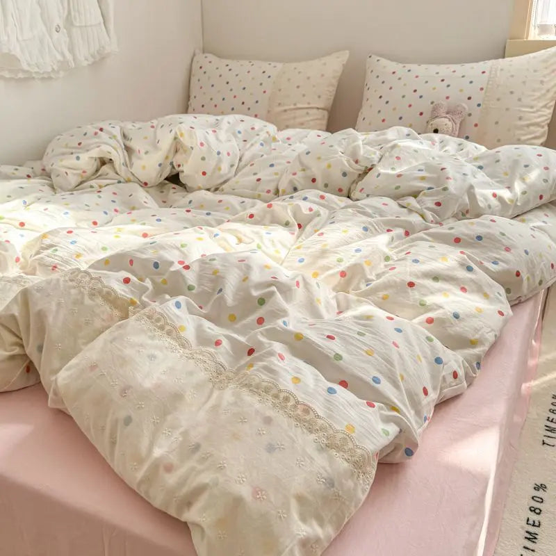 Cyflymder  INS French Style Fresh Floral Lace Trim Four-Piece Set Washed Cloud Cotton Quilt Cover Bed Sheet Dormitory Bed Sheet Sets