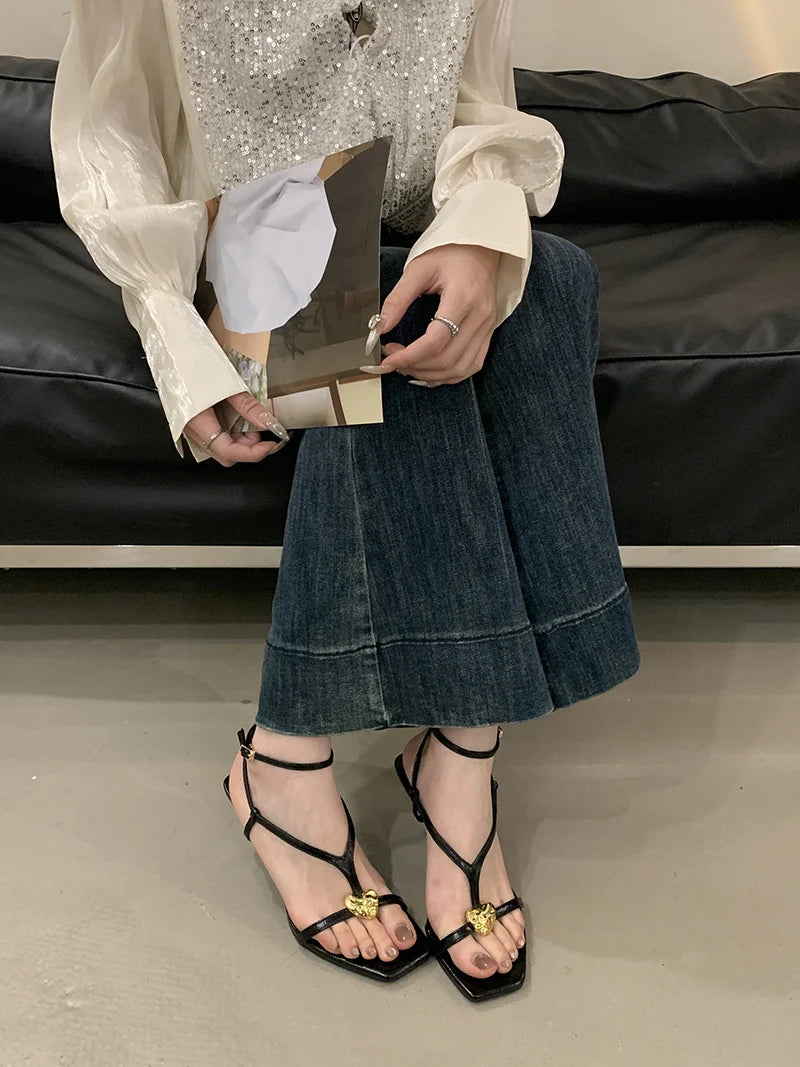 Cyflymder  Summer Fashion Metal Buckle Decoration Narrow Band Gladiator Sandals Women Square Toe Low Thin Heels Party Dress Shoes