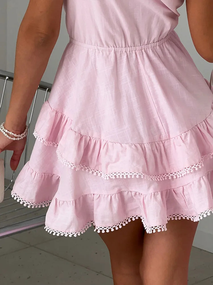 Cyflymder  Sexy Multi-layer Ruffles Backless Puffy Dress Women Sleeveless High Waist Strap A-line Solid Dresses 2025 Summer Street Vacation