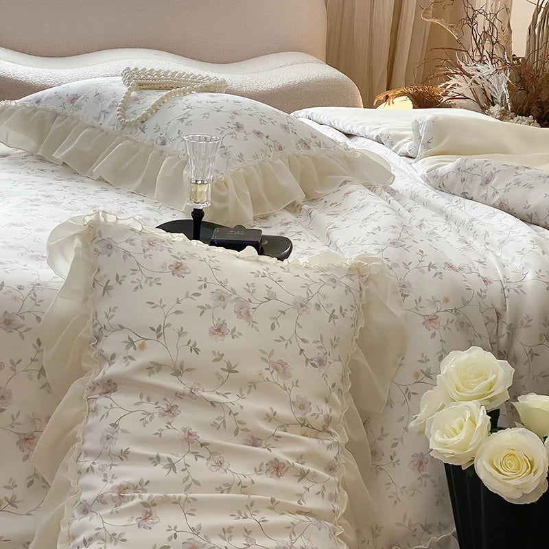 Cyflymder  Flower Prints Lace Ruffles Princess Bedding Set Lyocell Bamboo Fiber Soft Silky Cool Feeling Duvet Cover Bed Sheet Pillowcases