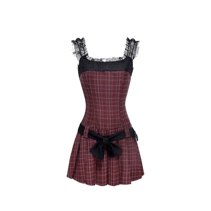 Cyflymder  2025 New Temperament Red Plaid Dress Summer Fashion Niche Design Sense Lace Camisole Pleated Women Dresses Trend