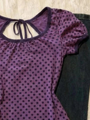 Cyflymder  American Pure Sweet Purple Polka-dot Print Tops Women Backless Lace-up Bubble Sleeves Slim T-shirt New Sexy Y2k Clothing Summer