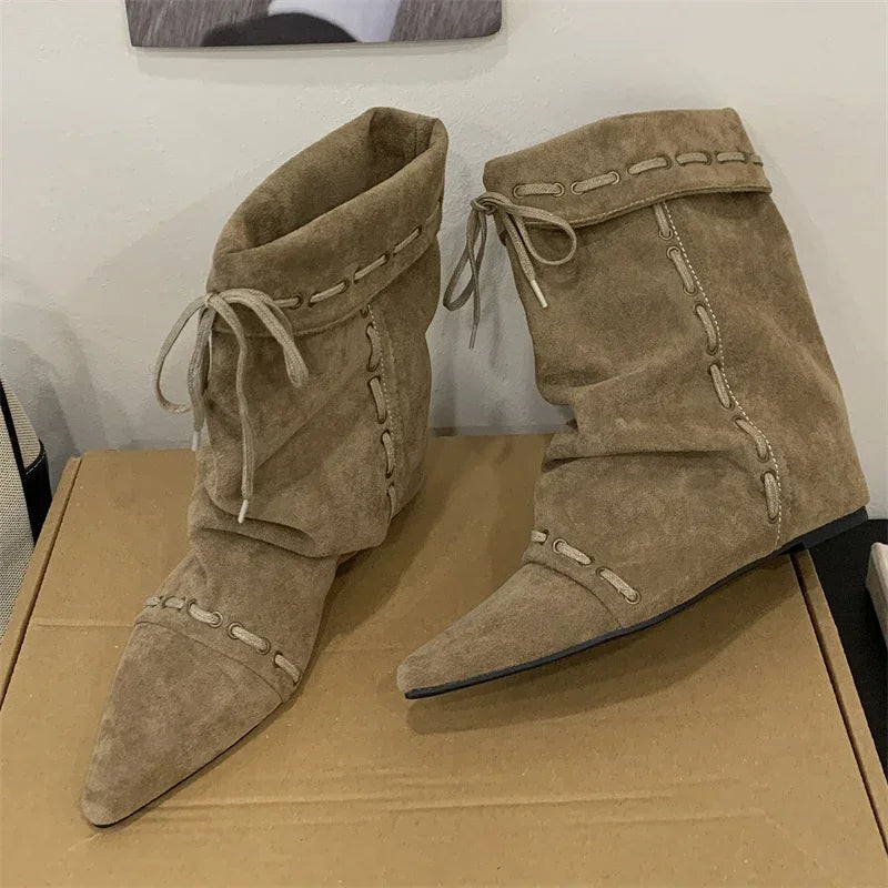 Cyflymder  Autumn Winter Soft Suede Pointed Toe Ankle Boots Women Fashion Lace Up Punk Style Modern Short Boots Ladies Wedges Party Heels