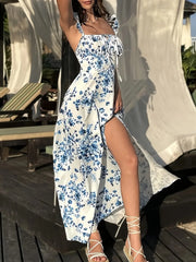 cSummer Sexy Bal Strap Long Dr Split One-oulder Print Comfortable Soft Polyester Fiber No-Sve Adjustable Waist