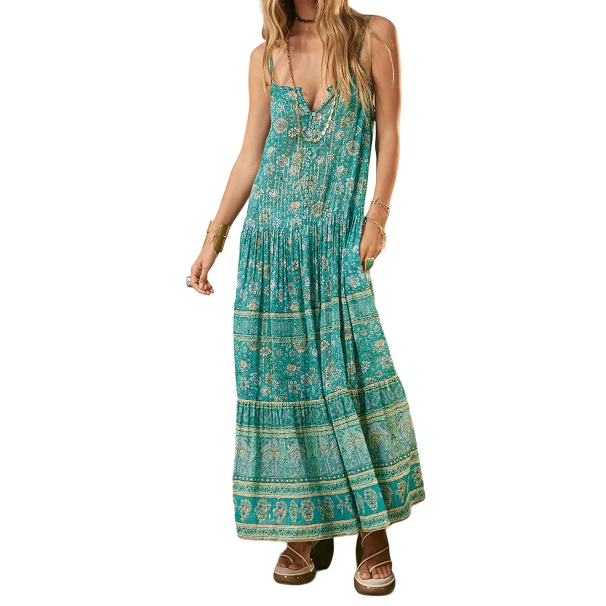 Cyflymder  Women Beach Dress y2k Boho Floral Print V Neck Spaghetti Strap Sleeveless Long Flowy Dress Vacation Cocktail Dresses﻿