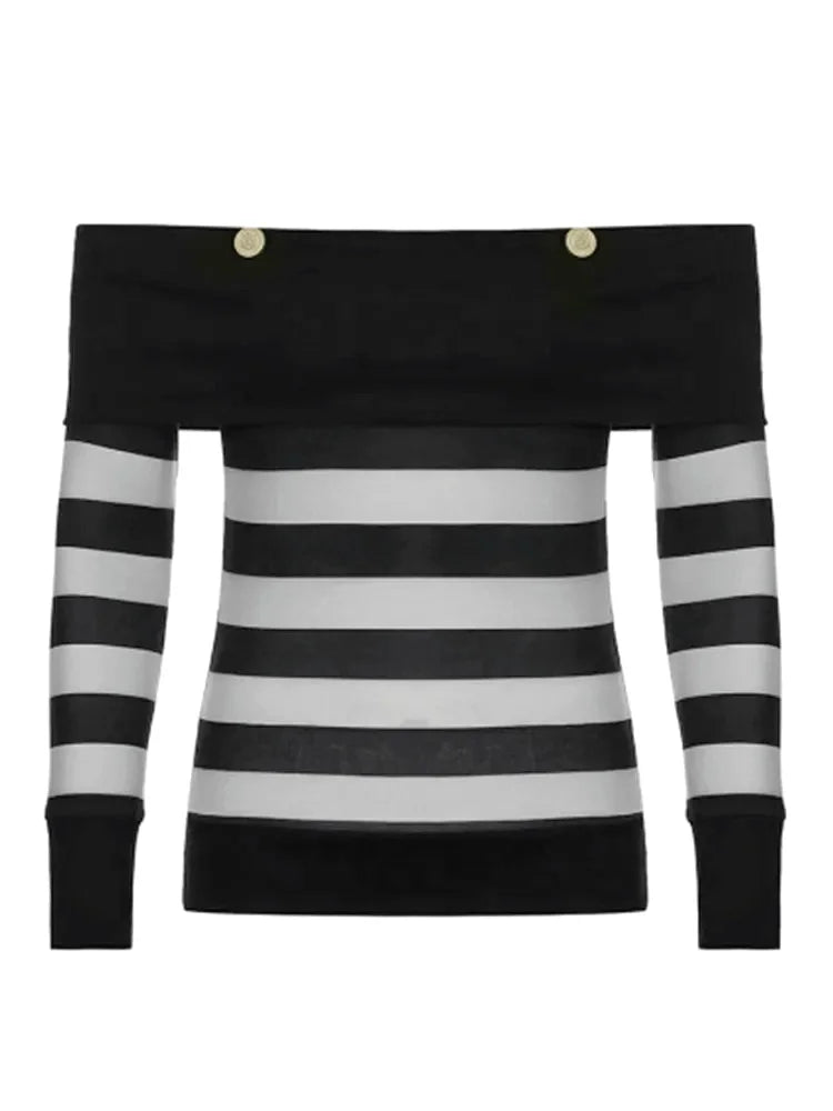 Cyflymder FALL OUTFITS Womens Autumn Tops Y2K Aesthetic Gothic Retro Clothes Off Shoulder Long Sleeve Shirts Striped Slim Fit Tops and Blouses