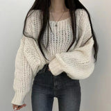 Cyflymder Autumn Women Hollow Out Solid Sweater Lantern Sleeve O-Neck Knitted Pullovers For Women Winter Casual Loose Sweater