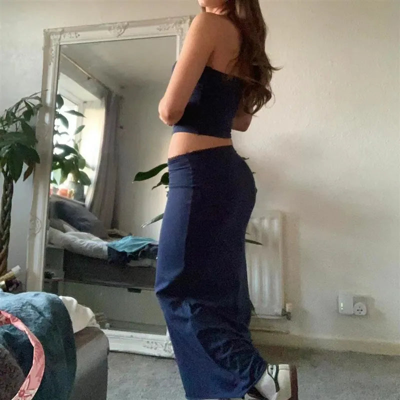 Cyflymder  Sexy Elastic Strapl Tirt Long Skirt Set Women's Faion plus Size Princ Dr Navy Collar No Sve Summer Winter