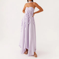 Cyflymder  Womens Tube Strapless Pleated Maxi Dress with Scarf Formal Cocktail Ruffle Flowy Long Dresses Beach Elegant Sundress