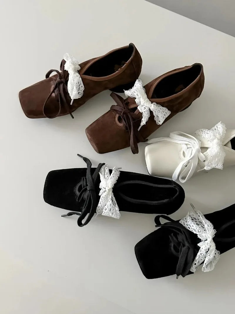 Cyflymder  French Style Low Heel Mary Jane Shoes for Women Fashion Faux Suede Lolita Square Toe Lace Up Chunky Heel Casual Designer Shoes