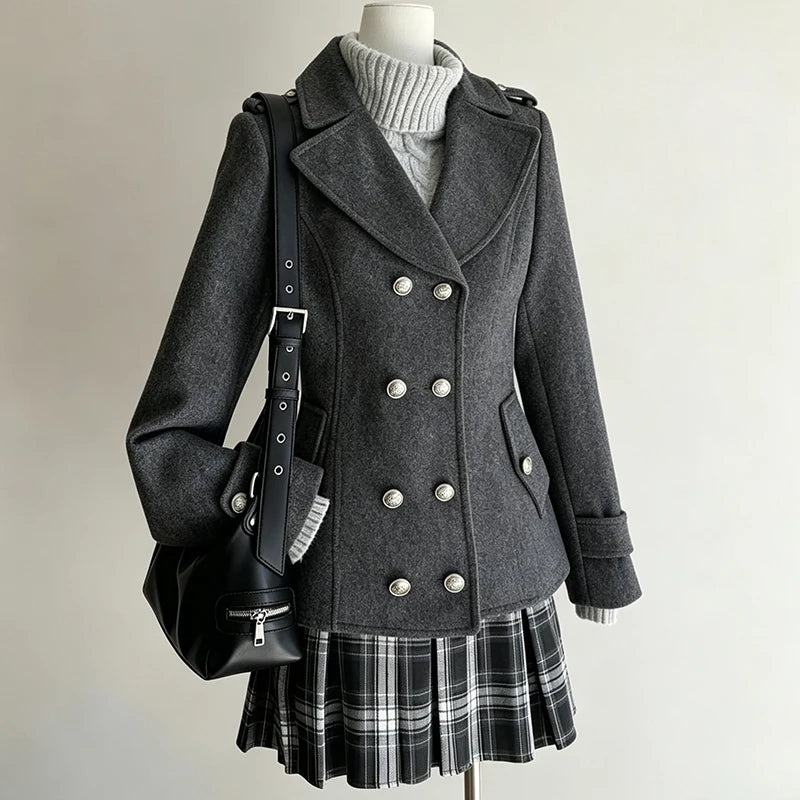Cyflymder  Y2K retro women's dark gray coat double-breasted silver metal buttons lapel fitted waist short coat preppy autumn/winter jacket