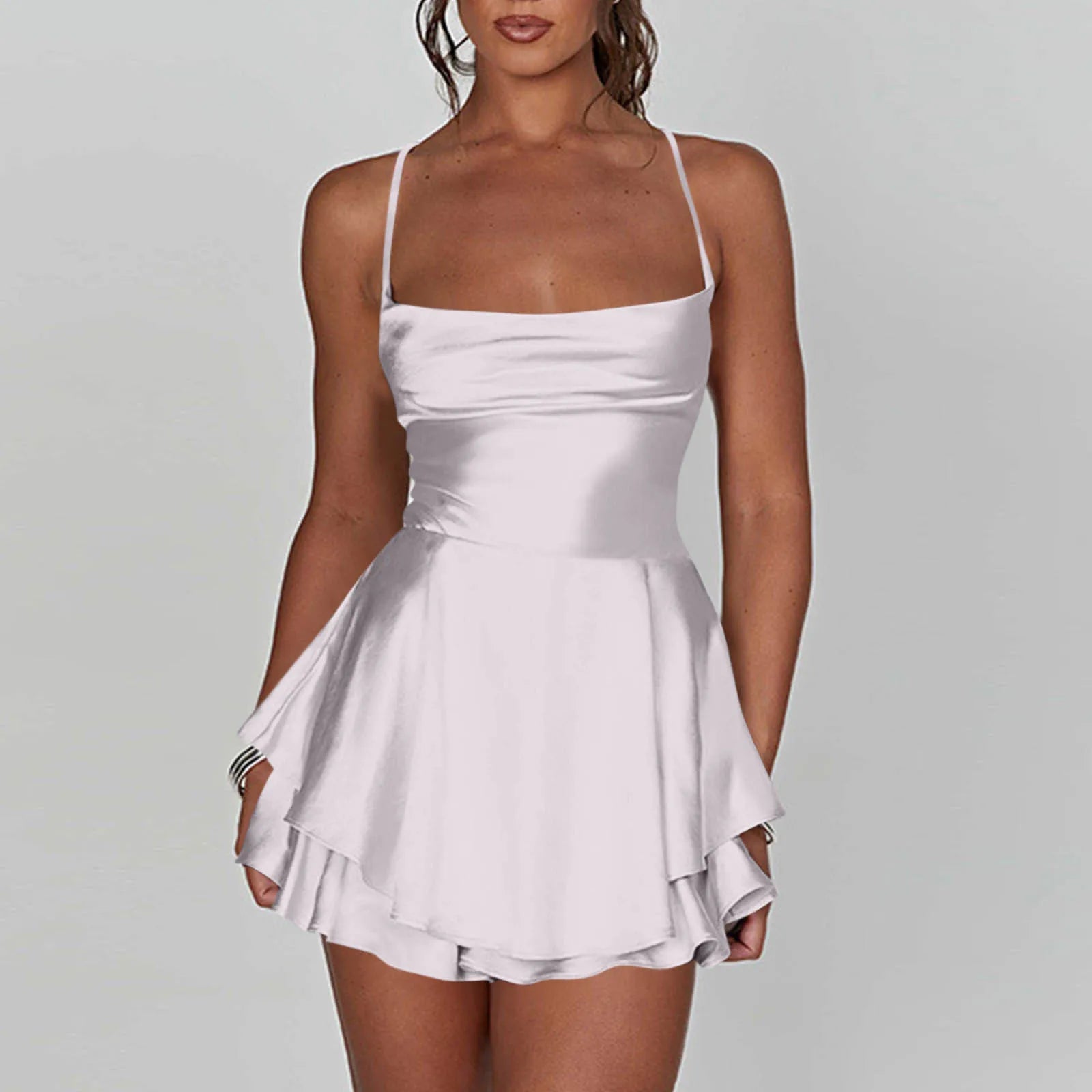 Cyflymder  Ladies' Silk And Satin Elegant Sexy Slim Beautiful Backless Short Dress Cowl Neck Cross Spaghetti Strap Party Pleated Mini Skirt