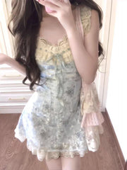 Cyflymder  Coquette Sweet Lace Oil Painting Floral Print Bow Camisole Dress Women Ruched Waist Slim Fit A Line Mini Dress Elegant Outfit